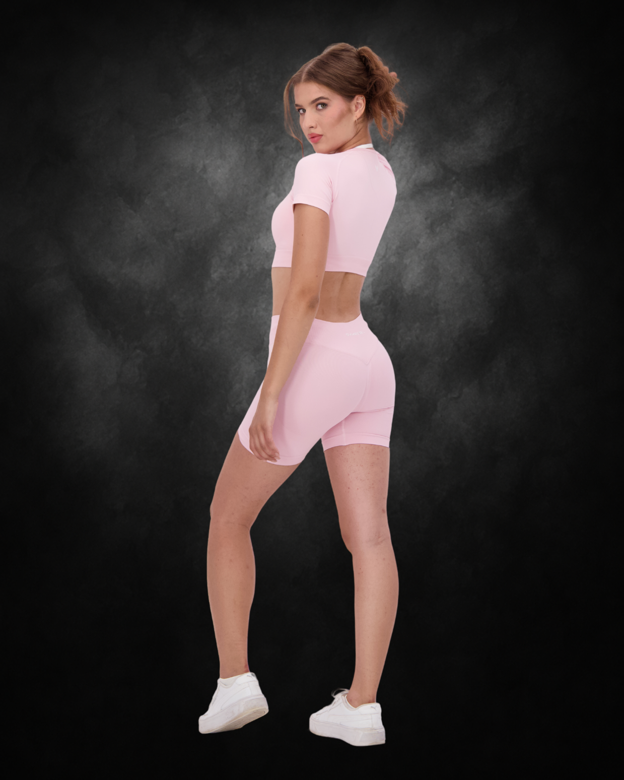 Seamless Curve Ribbed Top & Shorts Set | Pink | Back