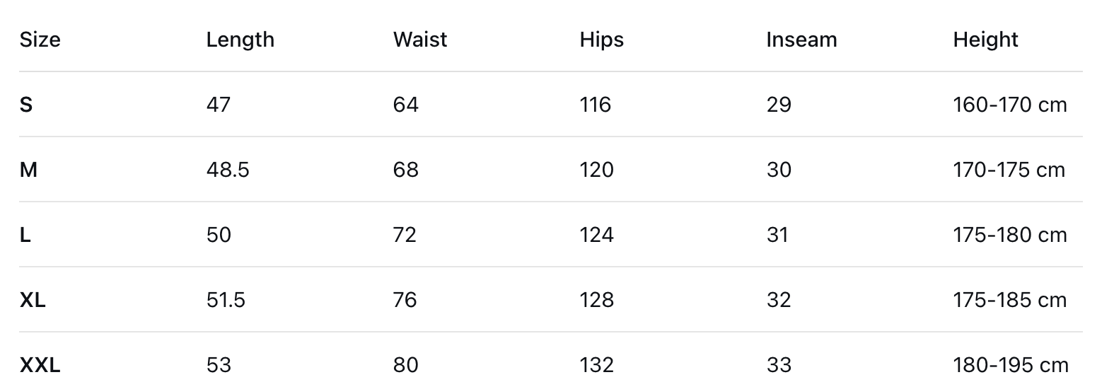 Size chart for Washed-off SweatShorts