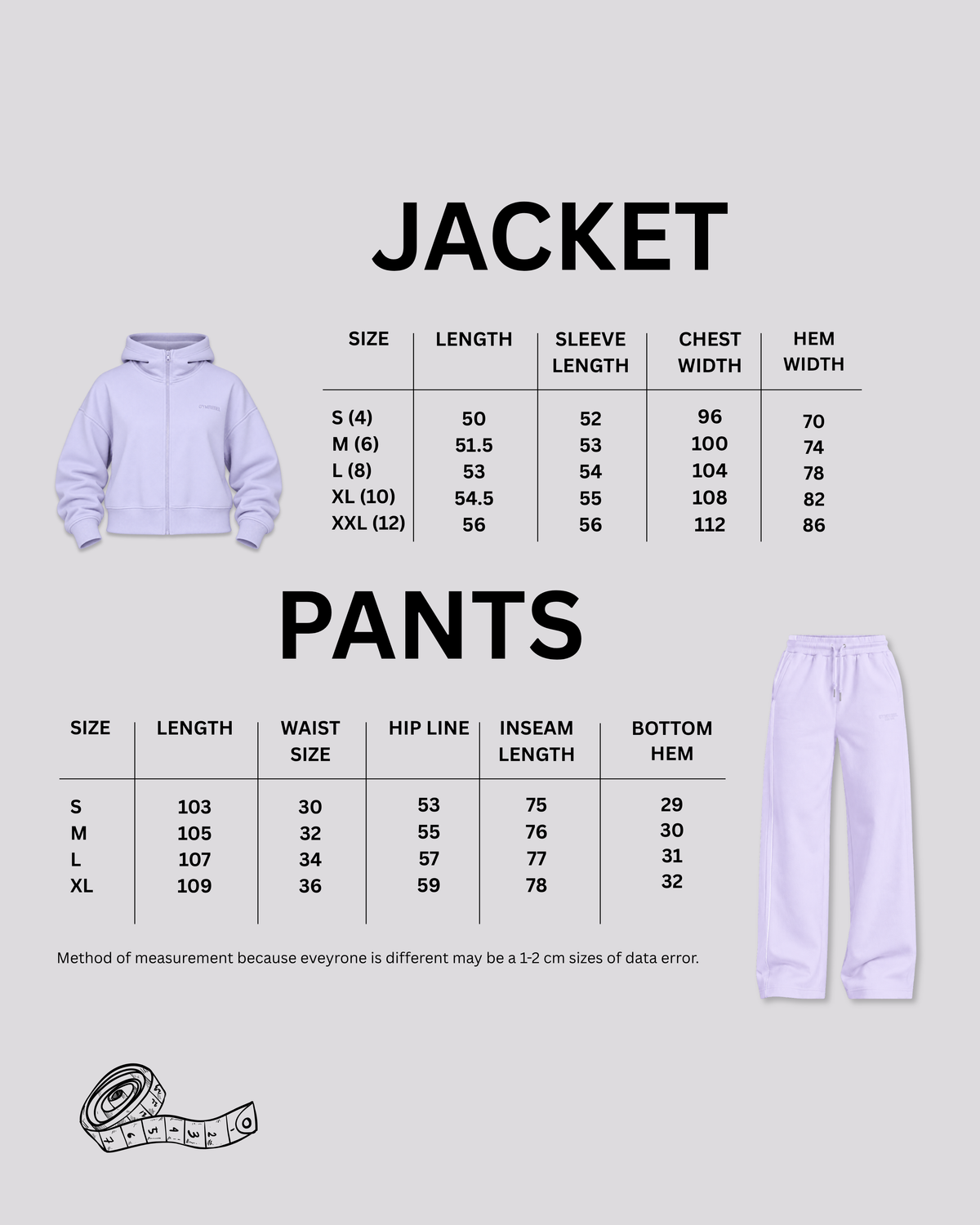 Size chart for Rebel Cloud Set