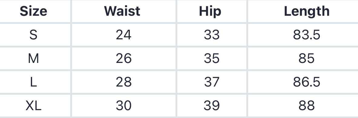 Size chart for Smooth Pump Legging